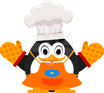 Little cute penguin cook. Abstract cartoon of a young penguin in apron, mittens and a 
chef's cap on a white background. Symbol of the cook. Vector illustration