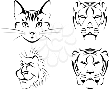 Set of black images of cats on a white background. Сat, tiger, lion. Vector illustration