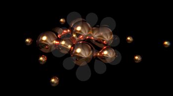 Abstract background with spherical shapes. 3d illustration of golden balls on a black background. Futuristic design, desktop wallpaper