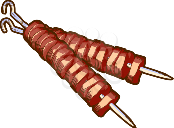 Shish kebab on a spit. Meat skewers in hand drawing on a white background. Vector illustration