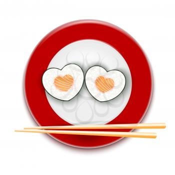 Sushi with salmon in the form of a heart on a red plate. Japanese traditional food. Vector illustration