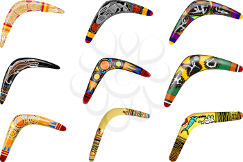 Set of native boomerangs. Primitive weapon boomerang on a white background. Vector illustration