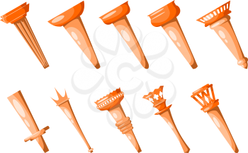 Set of cardboard images of medieval torches on a white background. Vector illustration of ancient torches, design element for games