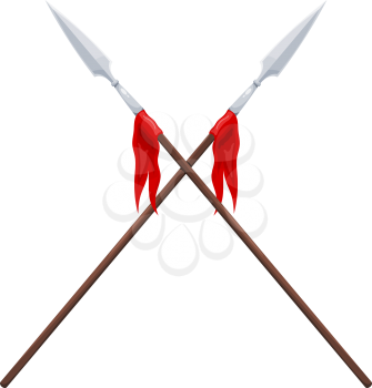 Two spears on a white background. Vector illustration of crossed traditional spears with a red flag