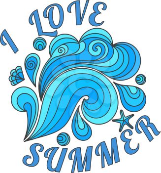 Color image of a sea wave on a white background. Vector illustration of a stylized blue wave in the style of a doodle with the inscription I love summer