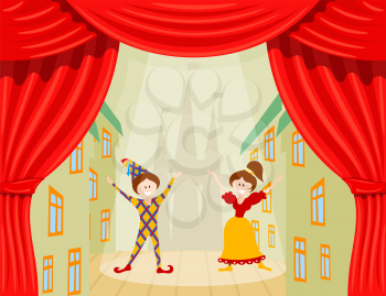 Children's Theater. A scene with two young actors and red scenes. Vector illustration of a performance with Harlequin and Colombine