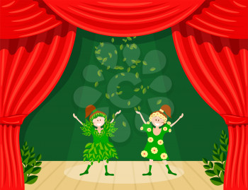Abstract children's theater. Little girls on the stage of the theater. The play in the kindergarten. Holiday of the meeting of spring. Young actresses are spring and summer. Vector illustration