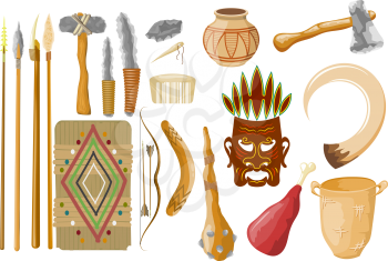 Ancient tools set isolated on white background. Hunting and military weapons of prehistoric man. Primitive culture tools in cartoon style. Vector illustration.