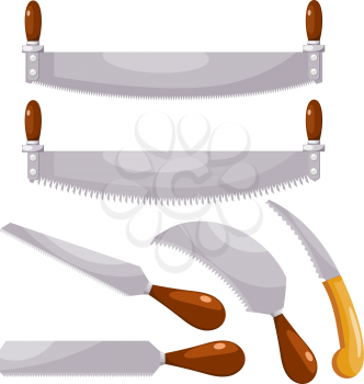 Household saws. Vector set of household saws in a style of a cardboard on a white background. Color illustration of a home tool for working on wood