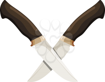 Color image of two crossed knives on a white background. Vector illustration of combat knives