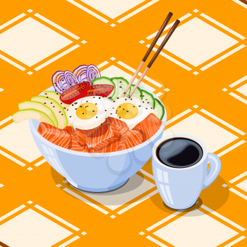 Isometric White round poke bowl with salmon, avocado, rice and onion ring, tomato on the tablecloth with a yellow cage. Trend Hawaiian food. Vector illustration of healthy food.