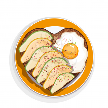 Sandwich with egg and avocado slices in the form of a heart on a plate with a yellow rim. Vector illustration of delicious appetizing snacks on white background