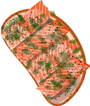 Sandwich with slices of salmon and dill on a white background. Vector illustration of delicious appetizing snacks with sea food

