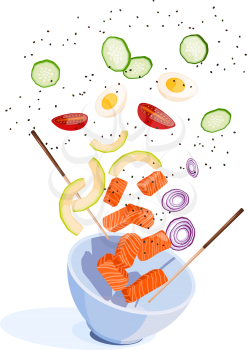 White round poke bowl with flying products: salmon, avocado, rice and onion ring, tomato on a white background. Trend Hawaiian food. Vector illustration of healthy food.