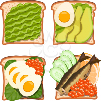 Set of toasts with various wholesome food products: egg, avocado, caviar, sprat, spinach, caviar, cucumber, lemon.  Healthy food on white bread. Vector illustration of sandwiches