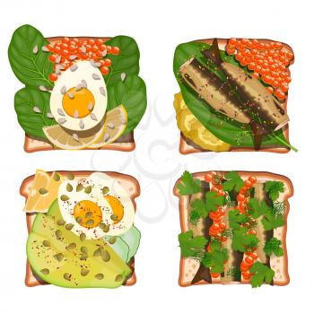 Set of toasts with various wholesome food products: egg, avocado, caviar, sprat, spinach, caviar, cucumber, lemon, dill.  Healthy food on white bread. Vector illustration of sandwiches