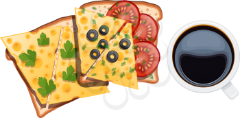 Set of food for breakfast. Two sandwiches with a cup of coffee on a white background. Vector illustration of toasts with cheese, tomatoes, eggs, dill, olives, white cup with black coffee