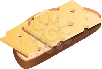 White bread with a thin layer of hard cheese on a white background. Cheese sandwich in isometric style, healthy dietary wholesome food. Vector illustration