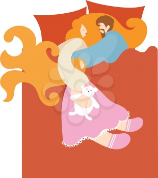 Happy sleeping family in bed. Dad, mom and daughter with a teddy bear. The perfect married couple with a child. Vector illustration of a cartoon style bedroom