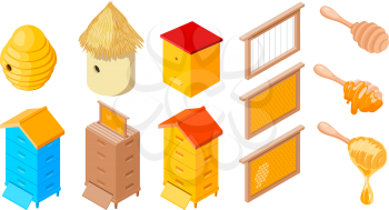 Vector Beehives Apiary set of objects of the beekeeper on a white background isolated object stock illustration: frame, beehive, honey, stick, wax