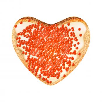 Sandwich with caviar in the shape of a heart on a white background. Vector illustration of a toast with salmon caviar.