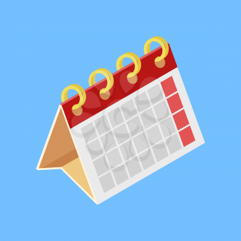 Desktop paper calendar in isometric style on a blue background. Flat color image of office supplies calendar. Vector illustration