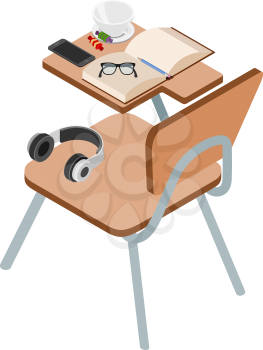 Desk with objects on a white background. Isometric style. Wooden student desk with scientists, graduation cap, book, pencil, glasses, book, candy and telephone. Vector illustration