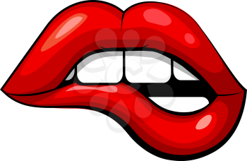 Red female lips on a white background. Manifestations of emotions annoyed. Graphic drawing of a bitten lip. Vector illustration
