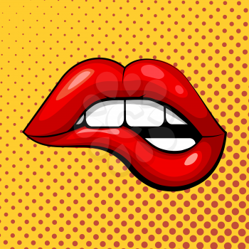 Red female bitten lip on a yellow background in pop art style. Vector stock illustration. Emotion of passion, sex and seduction, regret, annoyance