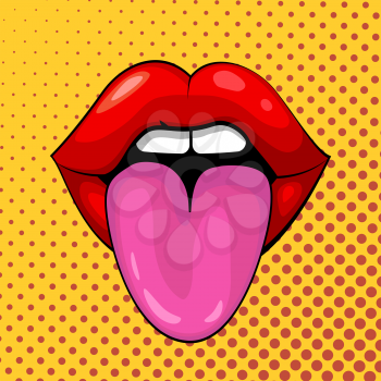 Red female lips and tongue in pop art style on a white background. Emotion pranks and jokes. Graphic drawing of tongue hanging out. Vector illustration