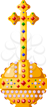 Tsarist attribute of power with precious stones and a cross on a white background. Golden object of the king and emperor, a symbol of power.  Royal orb. Vector illustration