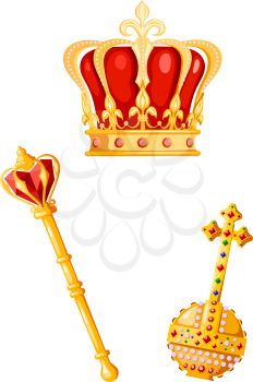 Crown, scepter and orb on a white background. Cartoon style. Vector illustration of royal attributes of power.  Symbol of the monarchy.