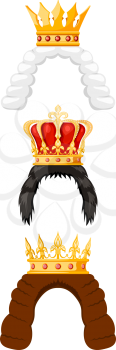 Wigs and royal crown with cartoon style on a white background. The hair of a princess, king, prince or grandee with a golden crown, the symbol of the monarch of power. Vector illustration