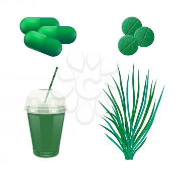 Seaweed green, pills and drink on a white background. Medicinal food additive spirulina. Cartoon style. Medication. Vector illustration