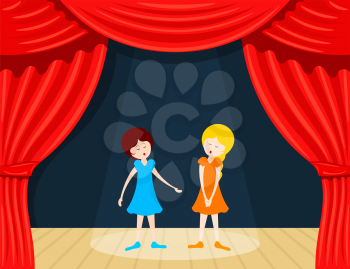 Two girls sing on stage with red backstage. Vector illustration.