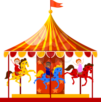 Merry-go-round is circling the merry children. Vector illustration.