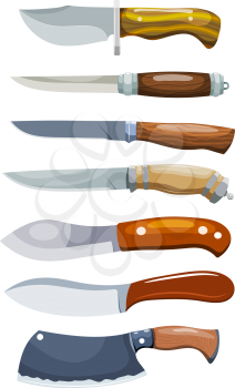 Set of knives on white background. Vector illustration of a cartoon style hunting knives