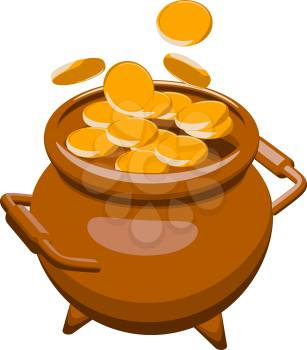 Clay pot with gold coins. Ancient treasure on a white background. Vector illustration