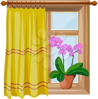 Color image Cartoon style windows with curtains on a white background. Vector illustration of a window with an orchid flower