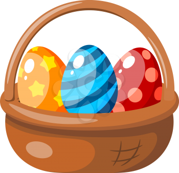Color image of an Easter basket with colored eggs. Vector illustration of a cartoon style holiday basket
