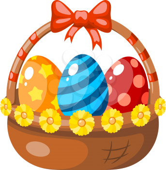 Color image of an Easter basket with dyed eggs, a bow and flowers. Vector illustration of a wicker basket