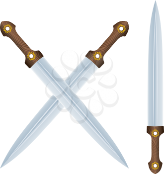 Color image of two crossed Caucasian daggers on a white background. Vector illustration of an antique weapon