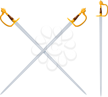 Color image of two crossed swords on a white background. Vector illustration of swords in cartoon style