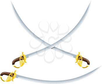 Color image of two crossed pirate sabers on a white background. Vector illustration Cartoon style sabers