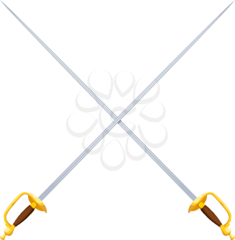 Color image of two crossed swords on a white background. Vector illustration of swords in cartoon style