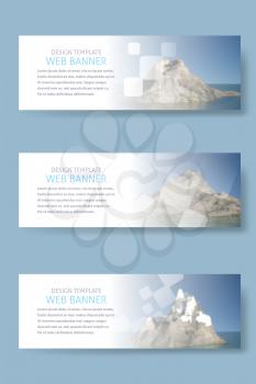 Set of horizontal white banners with mountain photos. Universal template for a website with text and transparent elements. Photo of mountains and the sea for an example.  Vector illustration