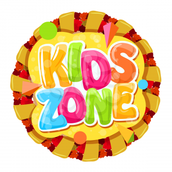 Round cartoon logo for kids room. Colorful bubble letters for the children's playroom. The inscription on an orange background with rays. Vector illustration