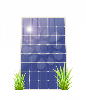 Solar panel with green grass on a white background. Vector illustation renewable energy. Ecological energy.