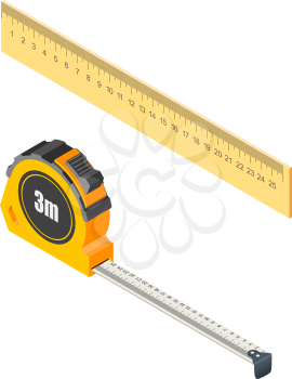 Measuring tape and ruler in isometric style on a white background. Measurement tools for construction and repair. Vector illustration of items