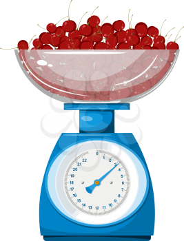 Domestic  scales with cherries on a white background. Kitchen measuring device. Vector illustration